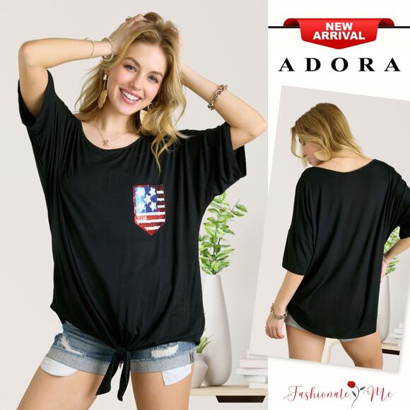 ADORA Sequin US Flag Pocket Half Sleeves Front Tie Detail Tunic Top | Black - Picture 1 of 6